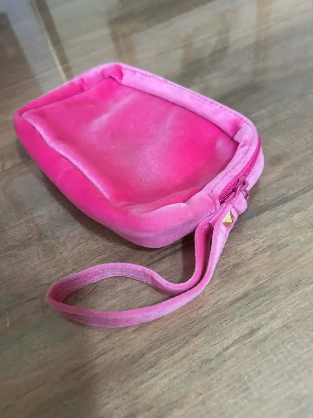 Valentino Pink Velvet Cosmetic Pouch Makeup Bag with Wristlet Strap